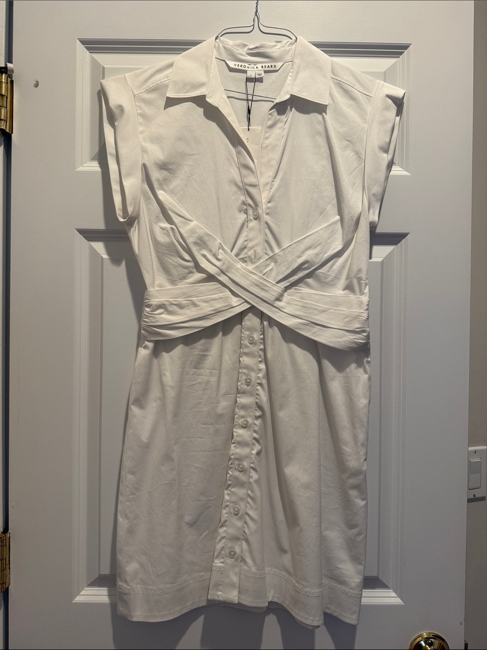 Veronica Beard White Button-Front Twist-Waist Dress